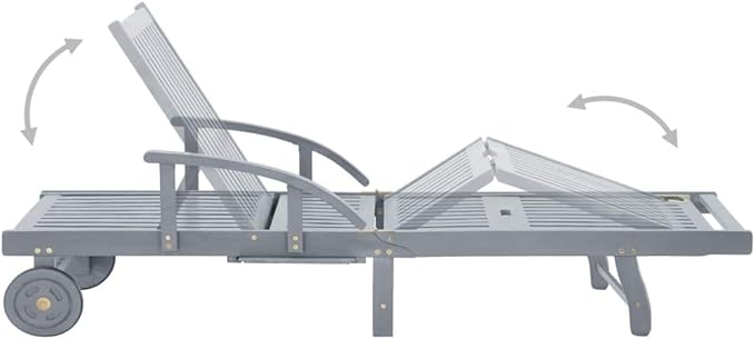 Grey Acacia Sunlounger 78.7 x 26.8 in, Outdoor Chaise Lounge with Wheels & Adjustable Backrest - Photo 8