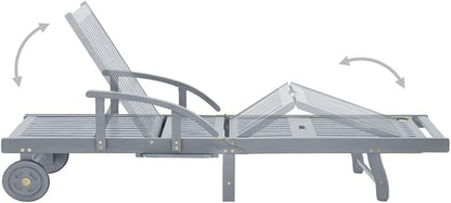 Grey Acacia Wood Outdoor Chaise Lounge Large 78.7" Folding Sunlounger with Wheels Adjustable Backrest Armrest for Patio Poolside Garden Balcony