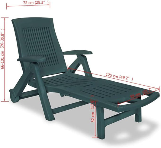 Foldable Sun Lounger with Wheels, Adjustable Reclining Outdoor Chaise Lounge for Patio, Garden, Poolside, Heavy Duty Plastic Beach Chair, Green