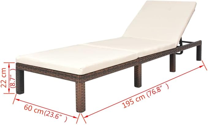 Brown PE Rattan Sunlounger 23.6x76.8x8.7 in, Adjustable Backrest Outdoor Chaise Lounge Chair, Powder-Coated Steel Frame, Comfy Cushion for Patio Pool Garden and Balcony