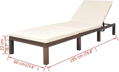 Brown PE Rattan Sunlounger 23.6x76.8x8.7 in, Adjustable Backrest Outdoor Chaise Lounge Chair, Powder-Coated Steel Frame, Comfy Cushion for Patio Pool Garden and Balcony