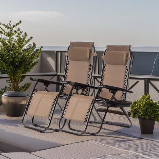 PayLessHere Lounge Chair Adjustable Zero Gravity Chair Folding Beach Chair Textilene Lawn Patio Chair with Removable Pillow and Cup Holder for Poolside Backyard Lawn Beach Pack of 2,Tan