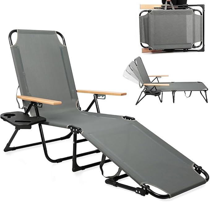 Folding Outdoor Chaise Lounge Chair with Arms, 4 Reclining Back Sunbathing Lounge Chair - Photo 1