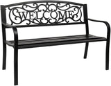 50-Inch Outdoor Garden Bench with 'Welcome' Pattern, Cast Iron Frame & PVC Backrest, Black - Photo 1