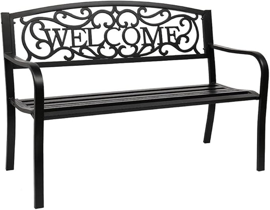 50-Inch Outdoor Garden Bench with 'Welcome' Pattern, Cast Iron Frame & PVC Backrest, Black
