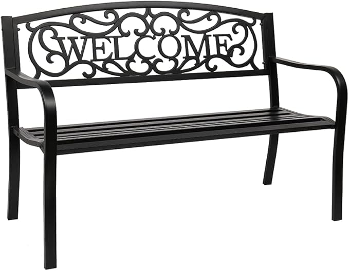 50in Outdoor Garden Park Bench,Outdoor Metal Porch Benches,Weatherproof Patio Park Bench,Outside Leisure Bench,with Welcome Back and Armrests,for Lawn, Deck, Path, Backyard, Entryway (Black)