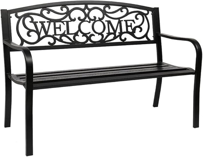 50in Outdoor Garden Park Bench,Outdoor Metal Porch Benches,Weatherproof Patio Park Bench,Outside Leisure Bench,with Welcome Back and Armrests,for Lawn, Deck, Path, Backyard, Entryway (Black)
