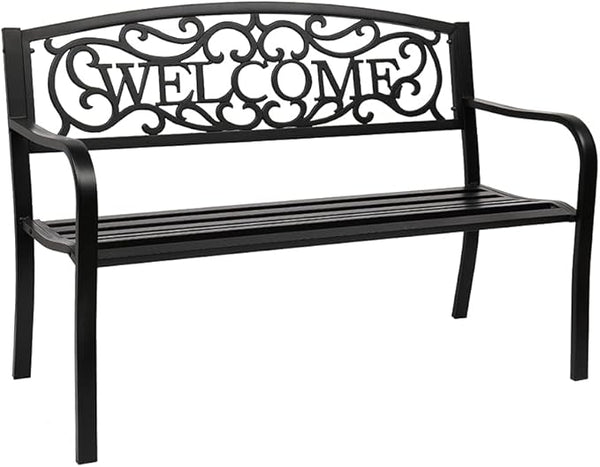 50" Outdoor Garden Bench Metal Patio Park Bench Elegant Porch Deck Loveseat with Welcome Pattern Backrest,Black