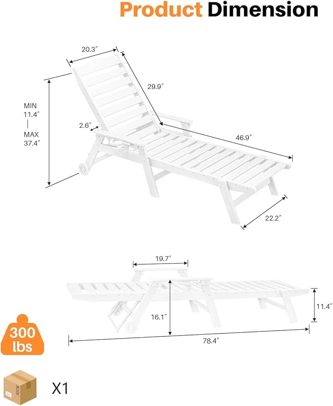 HDPE Outdoor Chaise Lounge Set of 2, 5-Position Adjustable Outdoor Lounger with Wheels & Cup Holder, 78.4'' Poly Lounge Chairs, HDPE Patio Lounge Chairs for Deck, Backyard, Poolside, Pearl