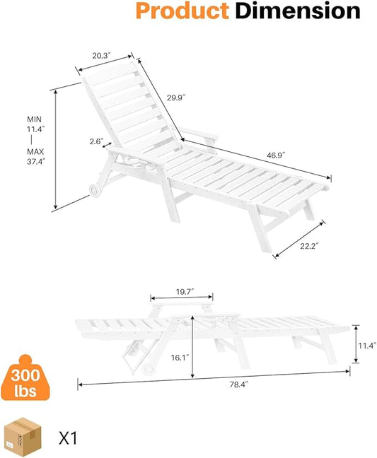 HDPE Patio Chaise Lounge Chair, 78.4'' Adjustable Outdoor Lounger, 5 Positions Poly Lounge Chair with Wheels & Cup Holder, HDPE Outdoor Patio Lounge Chairs for Backyard, Deck, Beach, Pearl