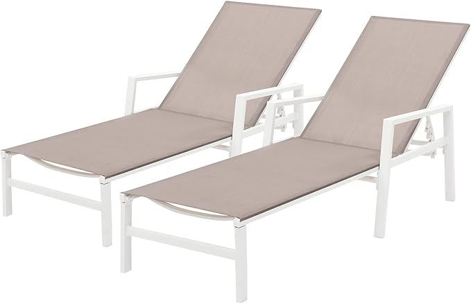 Aluminum Chaise Lounge Chairs Set of 2,5 Adjustable Outdoor Lounge Chaise Chairs,Patio Chaise Lounge with Armrests,for Beach Poolside,Balcony,Yard(Light Taupe)