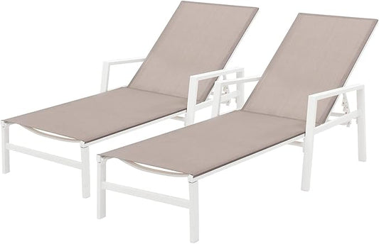 Aluminum Chaise Lounge Chairs Set of 2,5 Adjustable Outdoor Lounge Chaise Chairs,Patio Chaise Lounge with Armrests,for Beach Poolside,Balcony,Yard(Light Taupe)