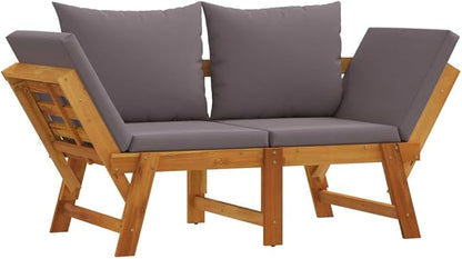 Convertible Garden Bench 29 x 81 x 26 in Solid Acacia Wood Patio Seating Doubles as Daybed, Grey Cushions Weather Resistant Outdoor Furniture for Porch Balcony