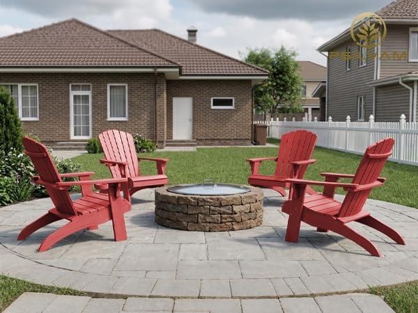 Psilvam Adirondack Chair, Oversized Poly Lumber Fire Pit Chair with Cup Holder, 350Lbs Support Patio Chairs for Garden, Weather Resistant Adirondack Chair Looks Like Real Wood (4, Red)