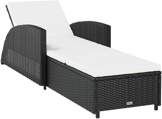 79" Outdoor Chaise Lounge, Black Rattan w/Cream Cushion, Adjustable Backrest, 26.4x79.1x26.4, 330 lbs for Patio Pool Garden