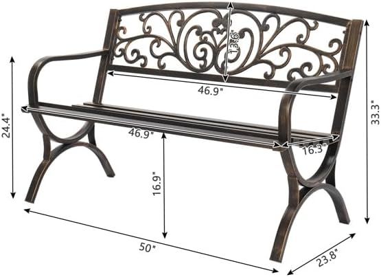 Patio Outdoor Park Loveseat Bench for Garden Porch Deck Made Cast Iron Anti-Rust Aluminum Metal, 2-3 Seater (50 Inch Butterfly Back Cross Feet Bronze Iron Bench)