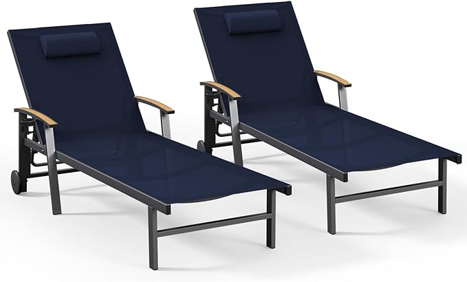 Ciokea Outdoor Lounge Chair with Pillow Set of 2, 5-Position Aluminum Chaise Lounge with Wheels & Armrests - Photo 1