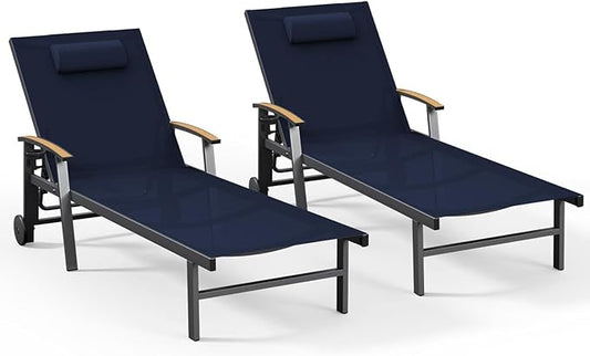 Ciokea Outdoor Lounge Chair with Pillow Set of 2, 5-Position Aluminum Chaise Lounge with Wheels & Armrests, 400 lbs Heavy Duty Patio Pool Chair for Backyard, Deck, Beach & Poolside, Navy Blue