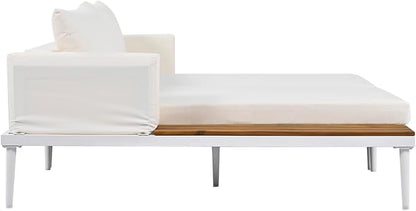 2 in 1 Outdoor Padded Chaise Lounges,Patio Metal Daybed with Wood Topped Side Spaces for Drinks,for Poolside Balcony Deck Backyard (Beige@Lounges)