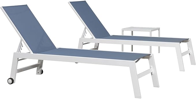 PURPLE LEAF Patio Lounge Chair 2 Pieces White Aluminum Outdoor Chaise Lounge for Pool Backyard Beach with Wheels and Table, Indigo