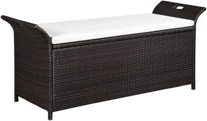 Storage Bench,Benches for Outside,Porch Bench,Yard Bench,Garden Bench,with Cushion,for The Front Porch,Deck, Balcony,Backyard,Outdoor,Lawn,Yard,Park,Path,Brown,54.3" Poly Rattan