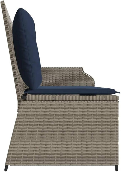 Outdoor Reclining Patio Bench with Adjustable Armrests, 2-Person PE Rattan Garden Seat, Grey Modern Weather-Resistant Terrace Furniture
