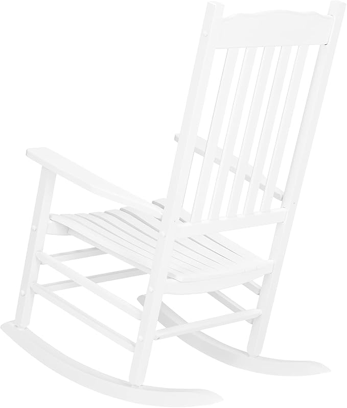 Wooden Rocking Chair Outdoor with High Back,Wood Porch Rocker,Perfect for Indoor or Outdoor All Weather Porch Rocker for Garden,Lawn,Balcony,Backyard and Patio Porch Rocker Use(White)