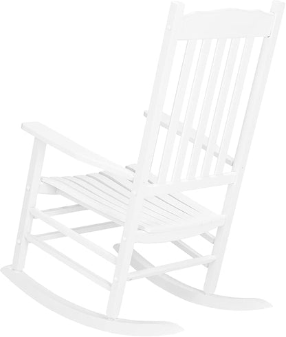 Wooden Rocking Chair Outdoor with High Back,Wood Porch Rocker,Perfect for Indoor or Outdoor All Weather Porch Rocker for Garden,Lawn,Balcony,Backyard and Patio Porch Rocker Use(White)