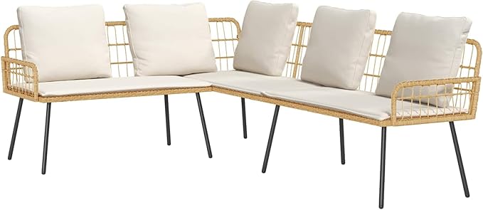 Outdoor L-Shaped Sectional Sofa, PE Rattan Corner Bench with Comfortable Cushions, Modern Patio Garden Furniture Set, Weather-Resistant Brown Metal Frame