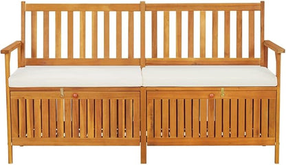 Solid Acacia Wood Storage Bench with Removable Cushion, Brown Indoor Outdoor Furniture for Patio Garden Hall, 4 Piece Set Durable Modern Seating with Substantial Storage Space