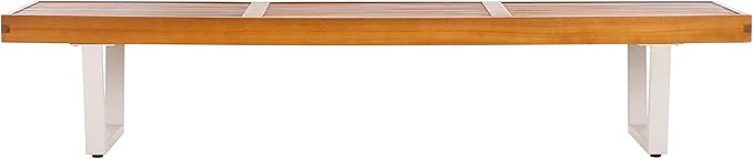 SAFAVIEH Outdoor Patio Furniture Collection – Heather Natural Brown Solid Wood Patio Bench with White Steel Legs, 72-Inch Modern Outdoor Seating for Garden, Porch or Patio (PAT7327A)