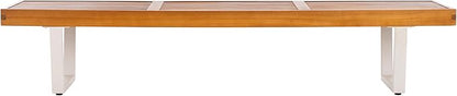 SAFAVIEH Outdoor Patio Furniture Collection – Heather Natural Brown Solid Wood Patio Bench with White Steel Legs, 72-Inch Modern Outdoor Seating for Garden, Porch or Patio (PAT7327A)