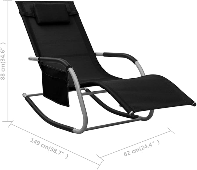 Black Textilene Sun Chaise Lounge Chair 24.4" W x 58.7" L x 34.6" H Foldable Poolside Outdoor Recliner with Side Pocket - Photo 2