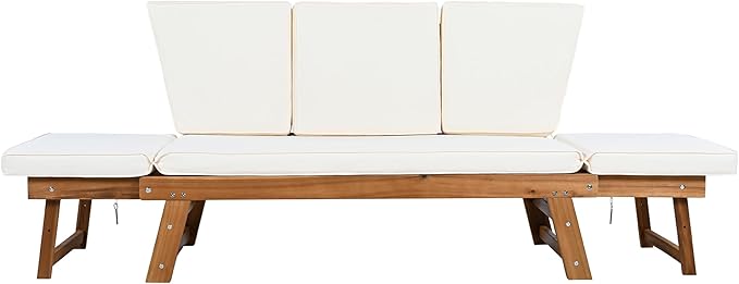 Merax Patio Sofa, Outdoor Adjustable Wooden Daybed, Chaise Lounge with Cushions, Natural+Beige - Photo 7