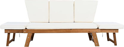 Merax Patio Sofa, Outdoor Adjustable Wooden Daybed, Chaise Lounge with Cushions, Natural+Beige