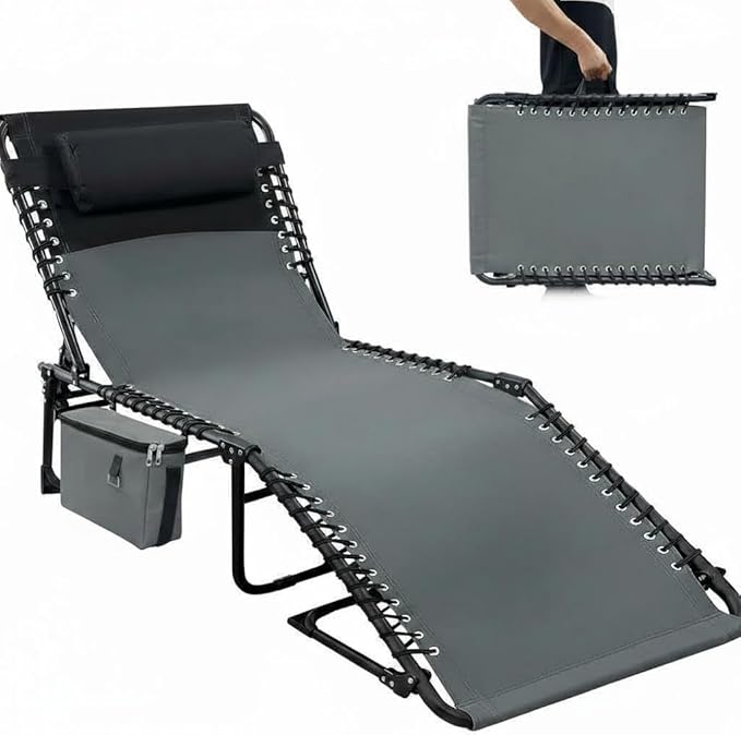 Chaise Lounge Chair Outdoor with Side Pocket,5-Position Adjustable Backrest, Pillow & Side Pocket,Portable Sun Tanning Chair Chaise Lounge for Outdoor Backyard Poolside,Beach, Patio,Grey