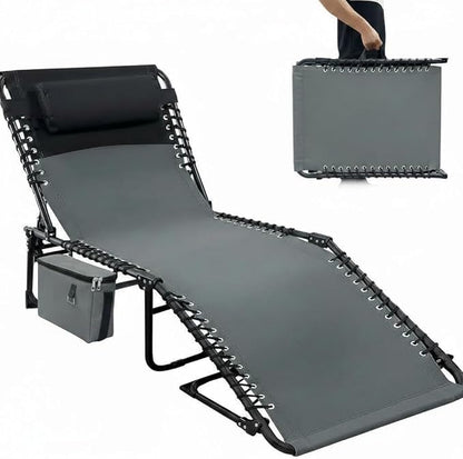 Chaise Lounge Chair Outdoor with Side Pocket,5-Position Adjustable Backrest, Pillow & Side Pocket,Portable Sun Tanning Chair Chaise Lounge for Outdoor Backyard Poolside,Beach, Patio,Grey