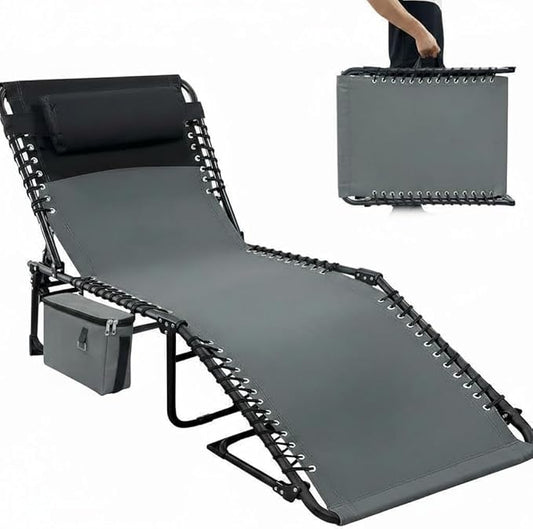 Chaise Lounge Chair Outdoor with Side Pocket,5-Position Adjustable Backrest, Pillow & Side Pocket,Portable Sun Tanning Chair Chaise Lounge for Outdoor Backyard Poolside,Beach, Patio,Grey
