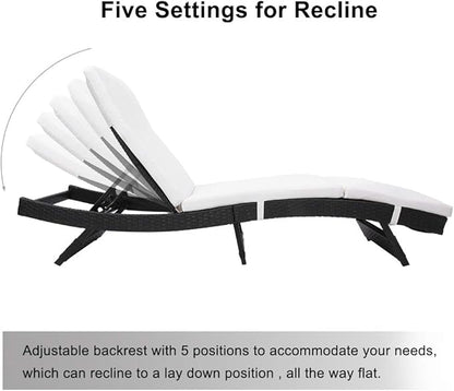 VINGLI Adjustable Patio Wicker Chaise Lounge Outdoor, Rattan Outdoor Lounge Chair, All Weather Patio Chaise Lounge with Adjustable Backrest and Soft Cushions (Black)