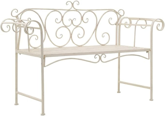 Garden Bench Antique White Metal 52 in Width Decorative Inlays,Sturdy Metal Garden Bench with Vintage Scroll Design, WeatherResistant and for Outdoor Use Patio Furniture