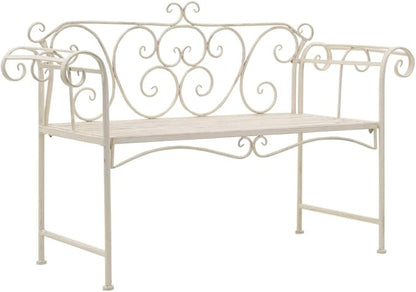Garden Bench Antique White Metal, 52 inch Wide Outdoor Seating, Decorative Scroll Pattern, Weather-Resistant Patio Furniture for Porch Bench Seating
