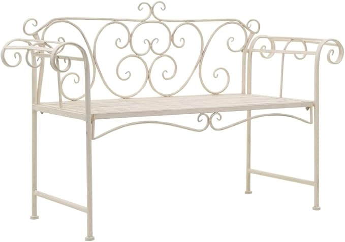 vidaXL Patio Bench, Metal Scrolling Garden Bench with Armrests, Garden Bench Chair for Lawn Garden Patio Porch Park Deck, Metal Antique White
