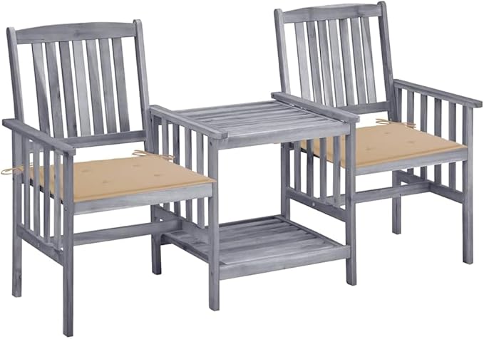 Grey and Beige Solid Acacia Wood Garden Chair with Tea Table, Polyester Cushions, Outdoor Bistro Set for Two, Rustic Patio Furniture with Durable Weather-Resistant Design