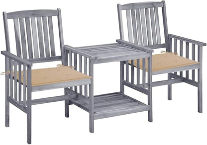 Grey and Beige Solid Acacia Wood Garden Chair with Tea Table, Polyester Cushions, Outdoor Bistro Set for Two, Rustic Patio Furniture with Durable Weather-Resistant Design