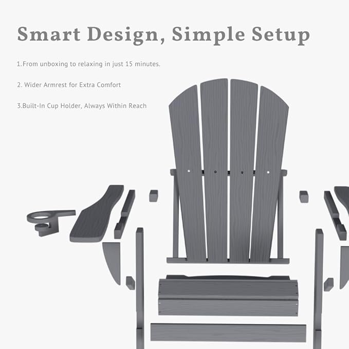 Folding Adirondack Chair with Cup Holders, HDPE Plastic Outdoor Chairs, Weather Resistant, Real Wood Look for Patio - Photo 5