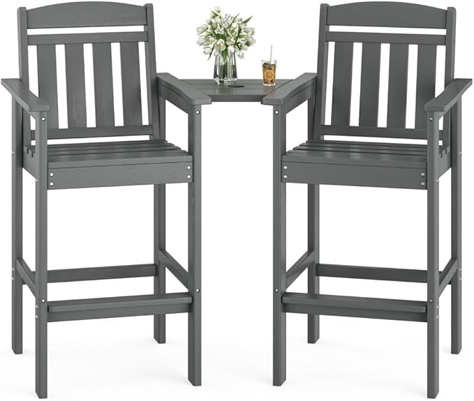 Tall Adirondack Chairs Set of 2, Bar Height Adirondack Chair Patio Barstool, for Balcony, Poolside, Backyard (Grey + POLYETHYLENE)