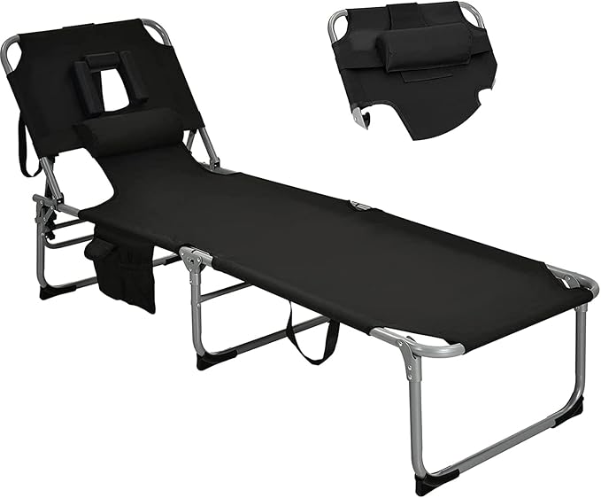 Goplus Tanning Chair, Folding Beach Lounge Chair with Face &Arm Hole, 5-Position Adjustable, Removable Pillow - Photo 1