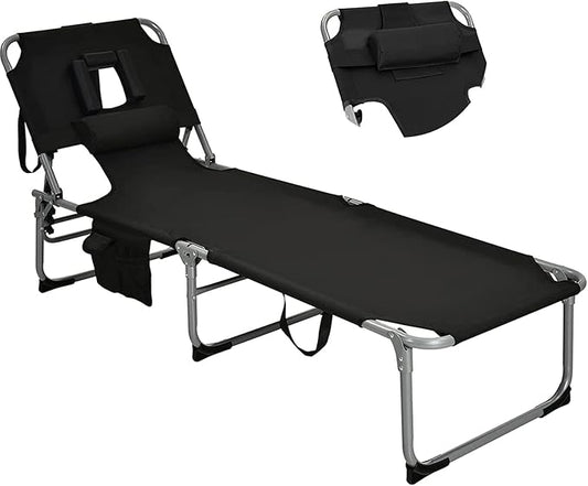 Goplus Tanning Chair, Folding Beach Lounge Chair with Face &Arm Hole, 5-Position Adjustable,Removable Pillow,Side Pocket, Sunbathing Chair, Portable Outdoor Lounge Chair for Patio Pool Lawn (1, Black)