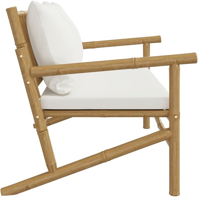 Rustic Bamboo Outdoor Sofa Bench Cream Cushions 45.3 x 29.5 in Weather-Resistant Loveseat for Patio, Balcony - Photo 5