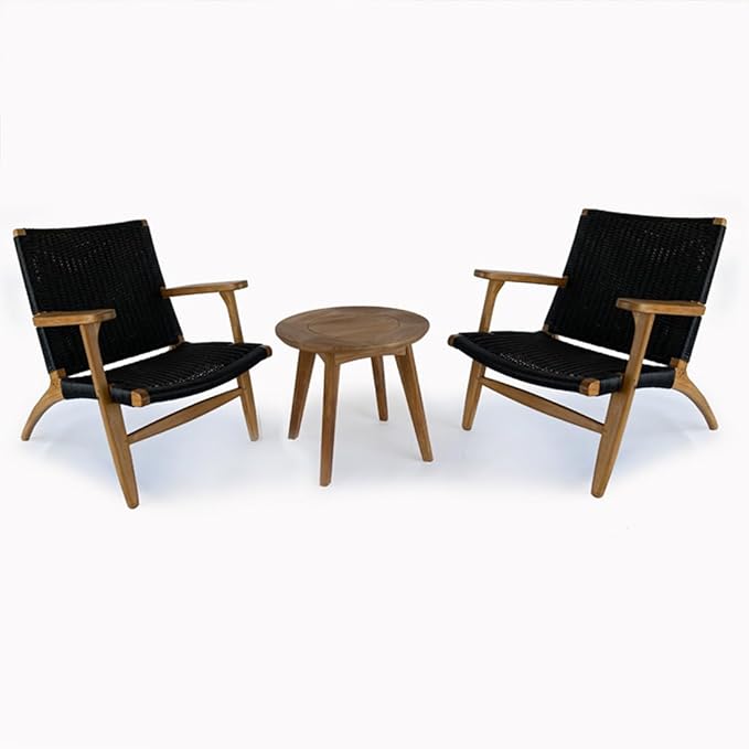 Indonesian Grade A Teak Wood Monterey Club Lounge Chair. Midcentury Modern Comfortable Design Chair Double handweaved Rope. Backyard, Poolside, Balcony Living Room. (Black)